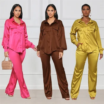 Moda İki Parçalı Setleri Kadın Kıyafetleri Sonbahar Giysileri 2022 Katı Uzun Kollu Gömlek Üst Rahat pantolon Eşleşen Setleri Parti Streetwear