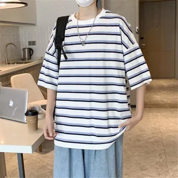 Yaz Serin Çizgili T Shirt Erkek Harajuku Büyük Boy Tshirt Erkek Yüksek Sokak Hip Hop Kısa Kollu Gotik Gevşek Japonya T Shirt