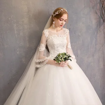Düğün elbisesi 2022 Zarif O Boyun Parlama Kollu Vestido De Noiva Dantel Nakış Kat uzunlukta Balo Artı Boyutu gelinlik