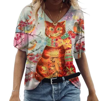 Pamuk Kadın T Shirt Yaz 2021 Moda Sevimli Hayvan Baskı Kısa Kollu Bayanlar Grafik Tee Üstleri Rahat V Yaka Kadın T Shirt