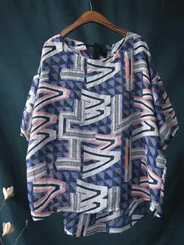 Kadın Yaz Rahat T-shirt Yeni Varış 2022 Vintage Stil Geometrik Baskı Gevşek Rahat Kadın pamuklu üst giyim Tees D202