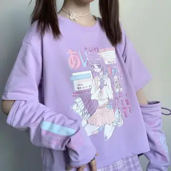 Kadın Gençler e-Kız Kawaii Baskı kol kapağı T-shirt Estetik Japon Harajuku Kawaii Pastel Estetik