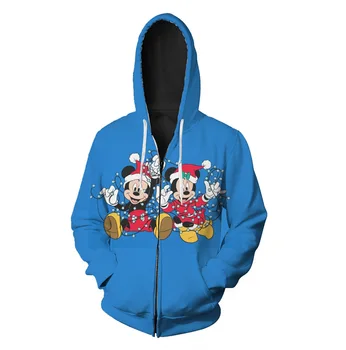 Merry Christmas Yeni Koleksiyon erkek Zip Hoodie Sonbahar Uzun Kollu Disney Marka Mickey ve Minnie Anime 3D Baskılı rahat giyim