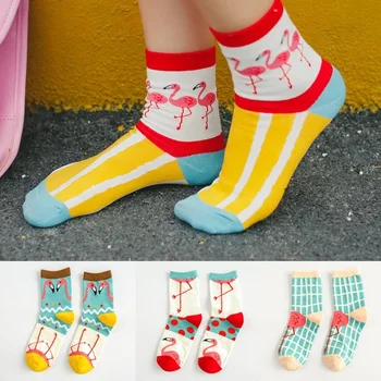 5 Pairs Yeni Moda Kawaii Renkli Sevimli Karikatür Pamuk Çorap Harajuku Kore Flamingo Kadın Çorap Hediye için