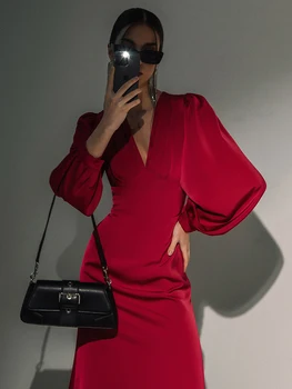 Mnealways18 Parti Zarif Kadın Kırmızı Elbise Fener Uzun Kollu V Yaka Akşam Midi Elbise Dantelli Seksi Bayanlar Saten Elbiseler 2023