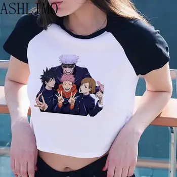 Japonya Anime Jujutsu Kaisen Y2K Kırpma Üst Gömlek Kadın Tee Kısa Kollu Patchwork GÖmlek yaz giysileri Streetwear Casual Harajuku