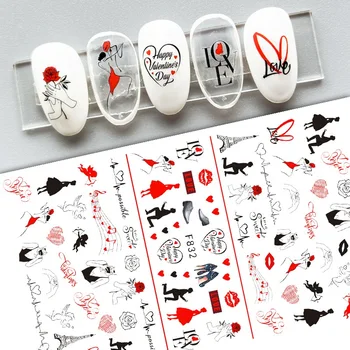 Sevgililer Kendinden yapışkanlı tırnak Çıkartması Kırmızı Dudaklar Kalp Aşk Tasarım Geometrik Çizgiler Takılar Kaydırıcılar Dekorasyon İpuçları Tırnak Sanat