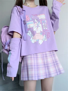 Kawaii Anime T-shirt Bölünmüş Kollu Kızlar Harajuku Sevimli Üstleri Ayrılabilir Kollu Tee Kore Japon Tarzı Üst Karikatür Tshirt