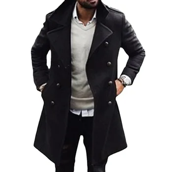 Moda Erkek Yün Ceket Kış Kruvaze Siyah Gençlik Yün Ceket Erkek Uzun Kollu Yaka Palto Hırka Dış Giyim Tops