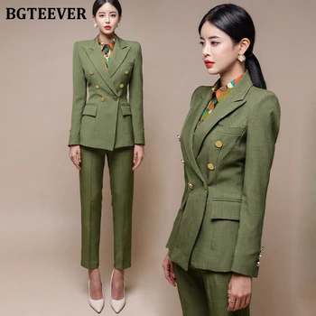 Moda Yeşil Kadın Blazer Seti Kruvaze İnce Ceket ve Kalem Pantolon Kadın takım elbise Bayanlar iş elbisesi Kadın 2 Parça Set
