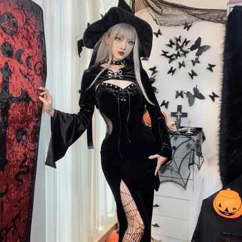 Gotik kadın Koyu Elbise Cadılar Bayramı Yeni kadın Takım Elbise Kapşonlu Köşe Kollu Örümcek Web Elbise