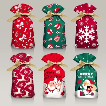 50 adet Noel Noel baba Hediye Çantası Şeker Çantası Tatil Süslemeleri Kırmızı Kar Tanesi / Kırmızı Elk İpli Paket 15 * 23cm