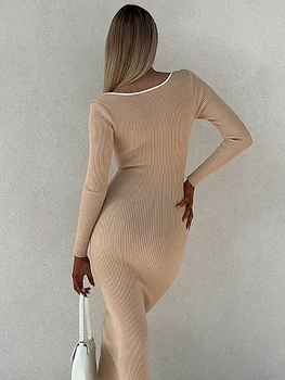 Seksi Hollow Out Maxi Elbiseler Kadınlar için 2022 Sonbahar Kayısı Uzun Kollu Yüksek Bel Fransız Elbise Kadın Sıska Streetwear Vestidos