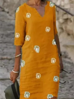 Vintage Kadınlar Sundress V Yaka Yarım Kollu A-Line Baskı Elbiseler Rahat 2021 Moda Yaz Kadın Gevşek Bayanlar Vestidos