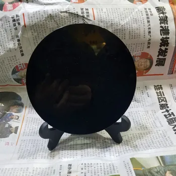Siyah Obsidyen Scrying Ayna Standı ile Yuvarlak Smoth Doğal Kristal Cilalı Çapı Sigara Ayna Taş Disk