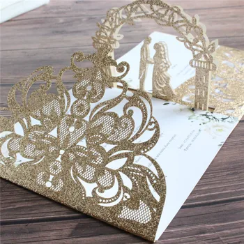 Işık gül altın çiçek glitter davetiye düğün evlilik üç katlı cep özelleştirilmiş baskı kaynağı