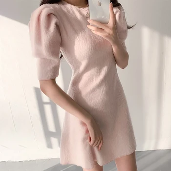 Mini Elbise Parti 2022 Kadın Elbiseler A-Line Lüks Yüksek Bel Zarif Vintage Sonbahar bahar uzun kollu elbise Katı Pembe Kadın Vestido