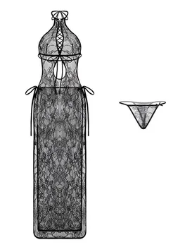 WOMENGAGA Hem Ev Seksi Üniforma Dantel Up Dantel Cheongsam Gecelik Maxi uzun elbise Örgü Dantel Elbise Sıcak Kore Kız Kadın 5H8İ