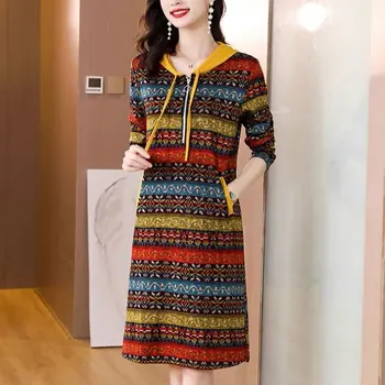 Zarif Moda Fermuar Kapşonlu Çizgili Elbise Bahar 2022 ilkbahar Sonbahar kadın giyim Halk Vintage Uzun Kollu Düz Elbiseler