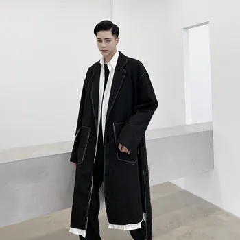 Erkekler Kesim Çapak Vintage Uzun Kemer Rüzgarlık Trençkot Erkek Japonya Streetwear Gevşek Rahat Hırka Palto Ceket Giyim