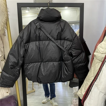 Bayanlar Kış Yüksek boyunlu Kalın Sıcak Ekmek Ceket Ördek Aşağı Ceket Kore Gevşek Moda Kısa Omuz uzun kaban Göğüs Çantası ile