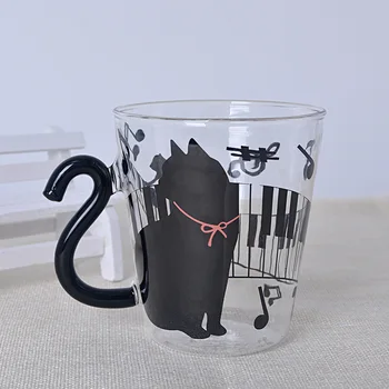 Çocuk yaratıcı kedi kolu fincan karikatür şeffaf cam cam bardak cam meyve suyu fincanı şarap bardağı