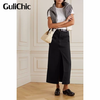 11.11 GuliChic Kadın Moda Rahat Düz Renk Yüksek Bel Bölünmüş Denim Düz Uzun Etek Kemer Olmadan