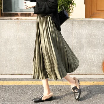 Sonbahar Altın Kadife Etekler Kadın Pilili Yüksek Bel Streç Orta buzağı Zarif Faldas Bayanlar Streetwear Tüm Maç S - 3XL Çok Yönlü