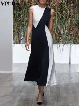VONDA 2022 Femme Zarif Rahat Renk A-Line Sundress O-boyun Kolsuz Elbise Kadın Patchwork Uzun Elbiseler Midi Vestido Büyük Boy
