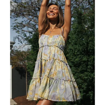 Kadın Yaz Sundress Çiçek Baskı Tatlı Spagetti Strappy Elbise Backless Fırfır Boho Sundress Casual Plaj Mini Elbise 2021 Yeni