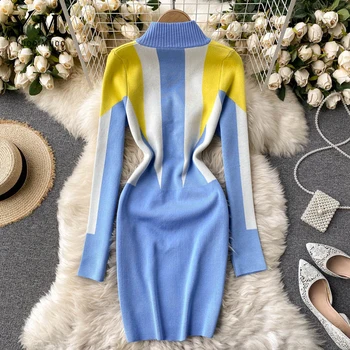 YuooMuoo Sonbahar Kış Kadın Örme Kazak Elbise 2021 Yeni Avrupa Tarzı Fermuar Yaka Uzun Kollu rahat elbise Bodycon Jumper
