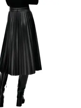 2023 Yeni Sonbahar Kış Kadın Yüksek Kaliteli Pilili PU Suni Deri Etekler Bayan Vintage A-Line Midi Orta Buzağı Maxi Uzun siyah kuşak