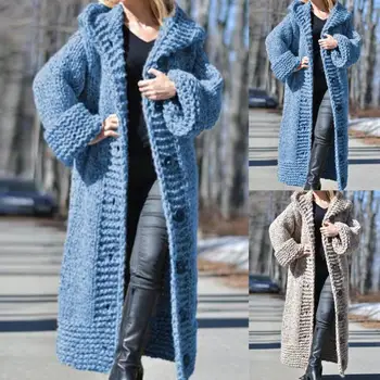 Kadın Kış Düğmeleri Dış Giyim Kazak Hırka Kalınlaşmak Uzun Kollu Kapşonlu Orta uzunlukta Örgü Kazak Ceket