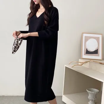 Elbiseler Yeni Kore Kazak Elbise Kadınlar 2022 Kalın Kış Kadın Vintage Örme Katı Giyim Zarif Sıcak Sonbahar Vestido Femme