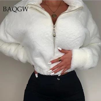 Kadın Peluş Beyaz Hoodies Ceket Sonbahar Kış Sıcak Faux Kürk Tişörtü Balıkçı Yaka Uzun Kollu Fermuar Kazaklar Streetwear Tops