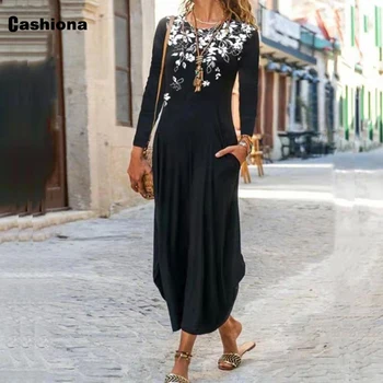 Cashiona Artı boyutu 3xl Kadınlar Zarif Moda Uzun Maxi Elbise Modeli Çiçek Baskı Parti Elbiseler Uzun Kollu Vintage Düz Elbise