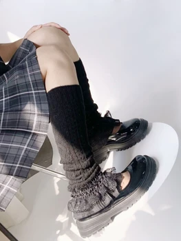 Kadın Örgü Bacak ısıtıcıları bot paçaları Örgü Çorap Harajuku Japon JK Kawaii Dantel Fırfır Uzun ısıtıcı çoraplar Alevlendi Lolita