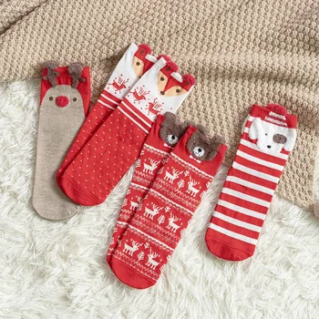 Noel Çorap Kırmızı Serisi Erkek Kadın Noel Hediyeleri Hayvanlar Şerit Baskı Orta Tüp Pamuklu Çorap Komik Sokken Navidad Doğum Dekor