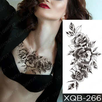 Siyah Çiçek Çiçeklenme Su Geçirmez Geçici dövme Çıkartmalar Zambak Gül Yasemin Krizantem dövme Erkek Kadın Vücut Sanatı Sahte dövme