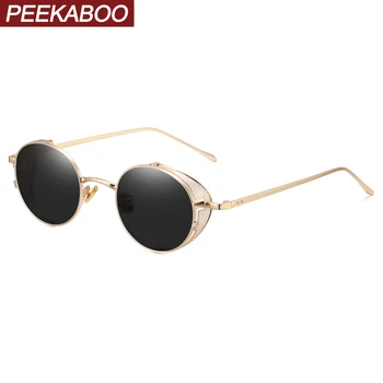 Peekaboo kadın retro steampunk güneş gözlüğü yan kalkan altın metal erkek vintage yuvarlak güneş gözlük erkek içi boş uv400 2020 için
