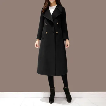 2022 Yeni Kış Kadın Yün Ceket Moda Rahat Kruvaze Uzun Ceket Zarif Kadın Ceket Casaco Feminino Siyah 5XL