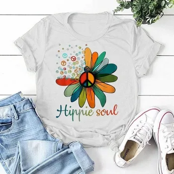 Hippi Soul Ayçiçeği Baskı T Shirt Kadın Kısa Kollu O Boyun Gevşek Gömlek Yaz Kadın Tee Gömlek Tops Camisetas Mujer