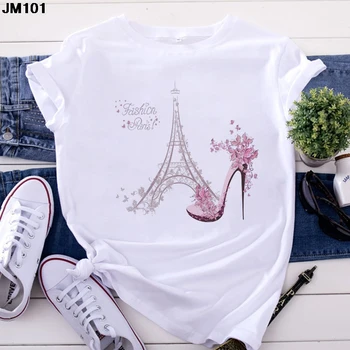 Moda kadın Üstleri Tshirt Harajuku Paris Eyfel Kulesi Baskı T shirt Casual Streetwear Kısa kollu Kadın T-Shirt Giyim