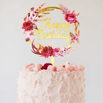 Altın Akrilik Gül Çiçek Mutlu Doğum Günü Pastası Topper Düğün Doğum Günü Partisi için Bebek Duş Kek Tatlı Pişirme Dekorasyon