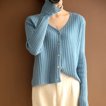 2020 Yeni Bahar Kadın Ceketler %100 % Yün Örme Hırka Kadın V Yaka Uzun Kollu Gevşek Kazak Yün Standart Giysiler