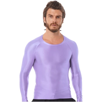 Erkek giyim Parlak Düz Renk Slim Fit O Boyun Uzun Kollu T-shirt Koşu spor tişörtler Üstleri Nefes yoga kıyafeti
