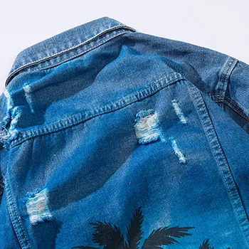 Moda Gevşek Denim Vintage Bombacı Yırtık Delik Deniz Plaj Hindistan Cevizi Ağacı Erkekler Hip Hop Kot Ceket Streetwear Ceket
