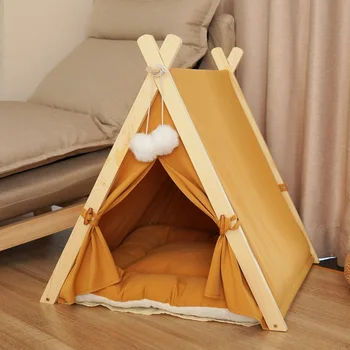 Pet çadır ev köpek yatağı yavru kedi kapalı açık çadır pad ile taşınabilir çıkarılabilir tuval katı ahşap çadır kedi kumu köpek yatağı