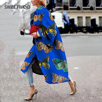 Sonbahar Uzun Kat Kadın Açması Basılı Windbreaker Moda Açması Streetwear Kadın Giyim Zarif Kat Kadın