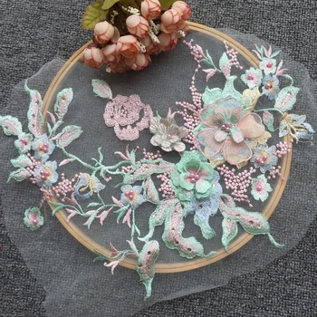 Taze tasarım pembe yeşil boncuklu üç boyutlu çiçek dantel nakış parçası DIY düğün şapkalar aksesuarları